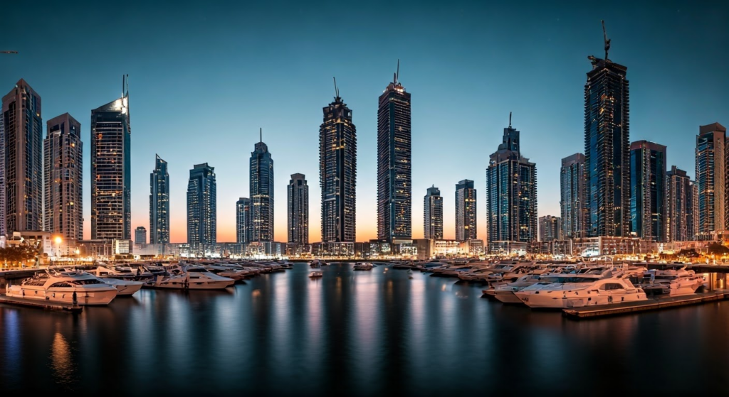 Dubai Marina skyline at sunset, with vibrant lights reflecting on the water, showcasing modern skyscrapers and luxury yachts, under a clear night sky.