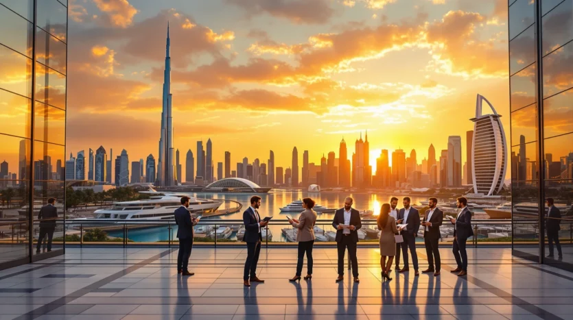 Dubai skyline and investors discussing property – What are the pros and cons of buying property in Dubai?