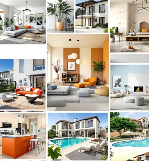 A Pinterest collage showcasing diverse expat-friendly properties, highlighting community amenities and detailed interior shots, with a focus on modern design and vibrant colors.