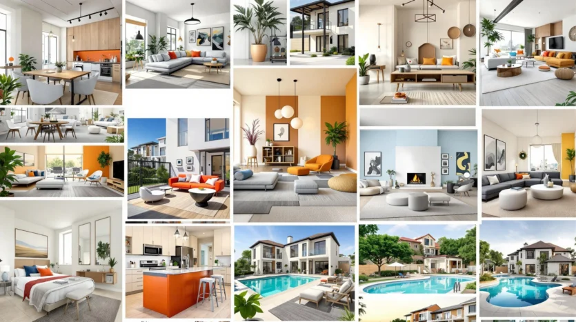 A Pinterest collage showcasing diverse expat-friendly properties, highlighting community amenities and detailed interior shots, with a focus on modern design and vibrant colors.