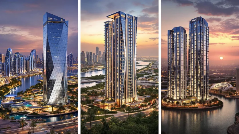 Collage of marquee off-plan properties in Dubai including Marina Place 2, Bay Grove Residences, and Damac Riverside Views – Off-Plan Properties Dubai.