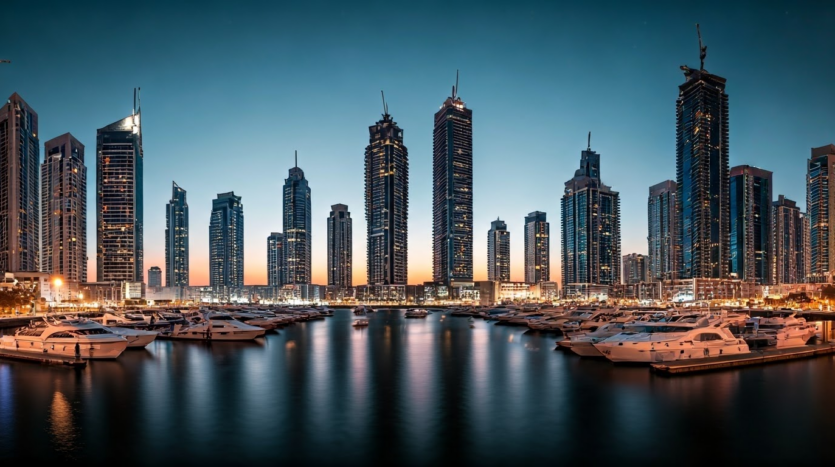 Dubai Marina skyline at sunset, with vibrant lights reflecting on the water, showcasing modern skyscrapers and luxury yachts, under a clear night sky.