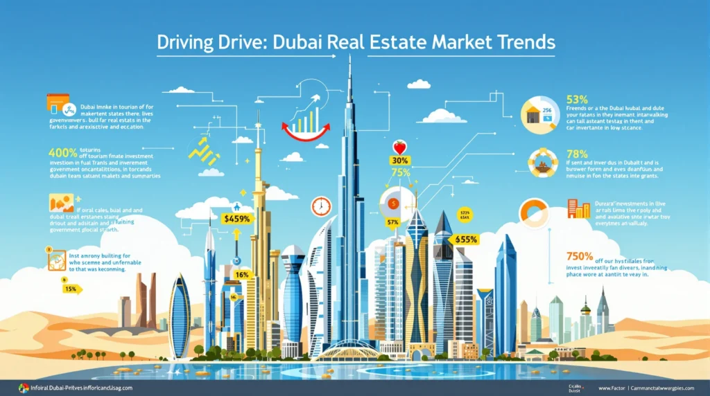 Infographic showing key factors and market impacts driving Dubai Real Estate Market Trends.