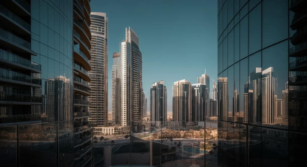 Modern apartment exterior in Dubai with a clear skyline view, featuring sleek architecture, glass facades, and a vibrant cityscape under a bright blue sky.