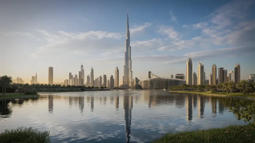 Dubai skyline at dusk showcasing modern skyscrapers and luxury developments.