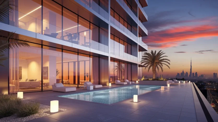 Modern Dubai apartment building at sunset.