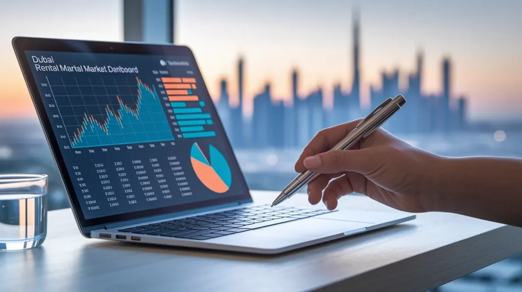 Person analyzing Dubai rental market data on laptop.