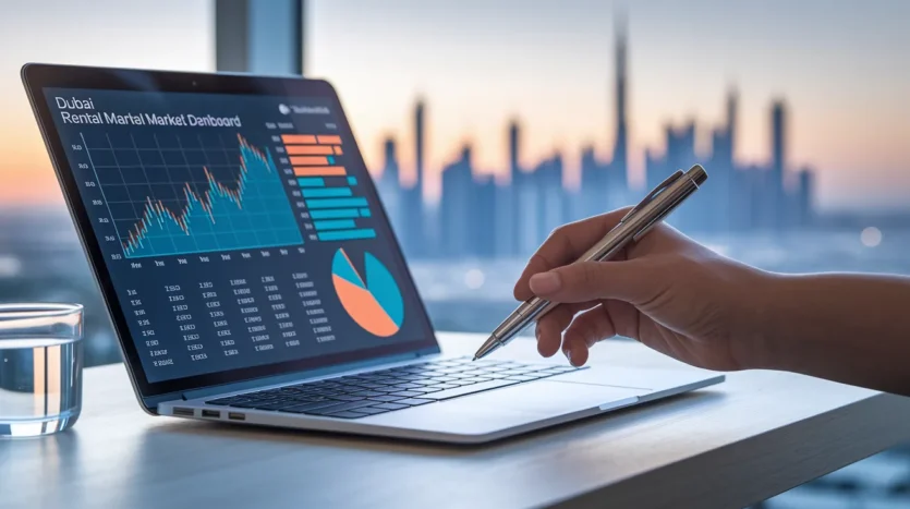 Person analyzing Dubai rental market data on laptop.