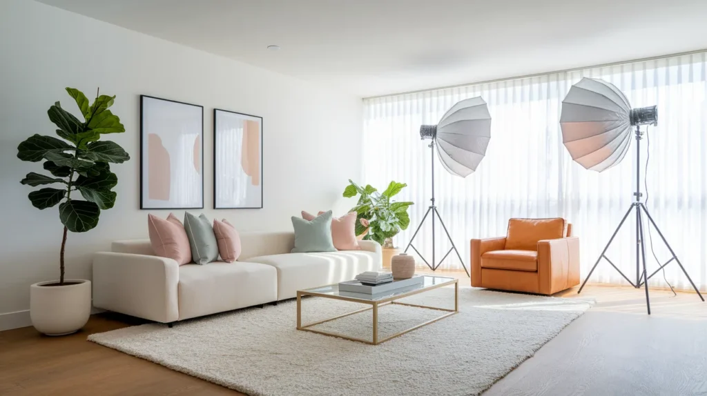 Staged living room interior for rental listing.