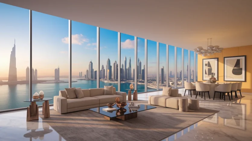 Luxurious branded residence apartment interior overlooking the Dubai skyline - 2025 investment opportunity via West Gate Dubai.