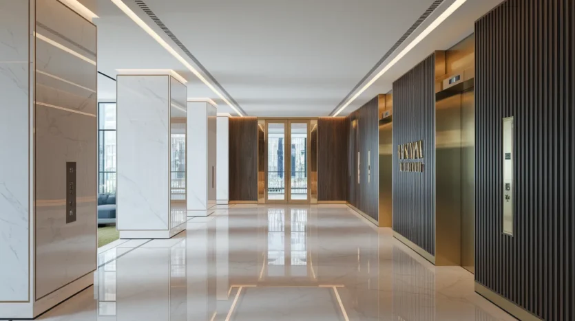 Entrance to a luxury branded residence in Dubai showcasing hotel-level integration and quality finishes.