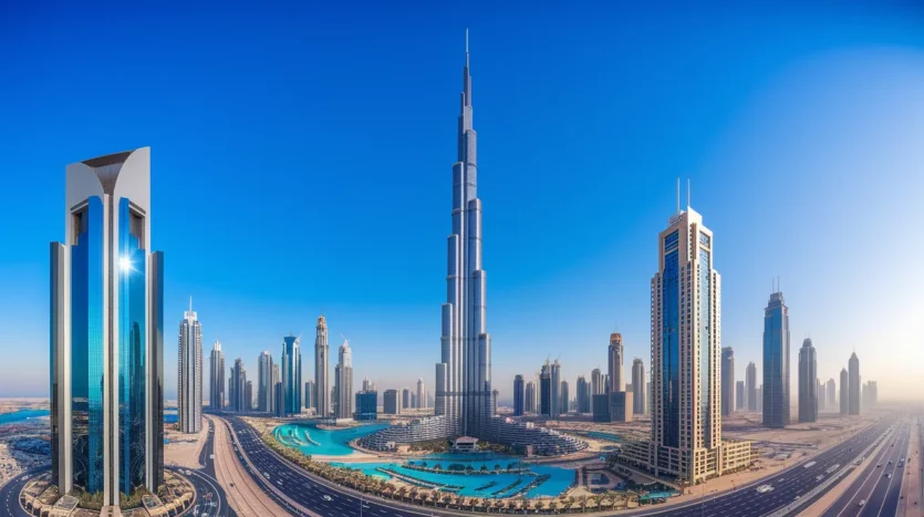 A beautiful rooftop infinity pool area at a luxury residential building in Dubai during sunset. Include comfortable lounge chairs and lush landscaping, overlooking the city lights. Serene yet luxurious feel.