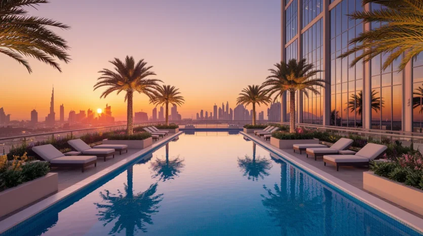 Exclusive rooftop pool amenities typical of high-yield branded residences in Dubai.
