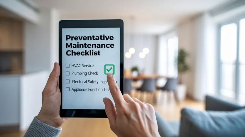 Landlord using a preventative property maintenance checklist on a tablet.