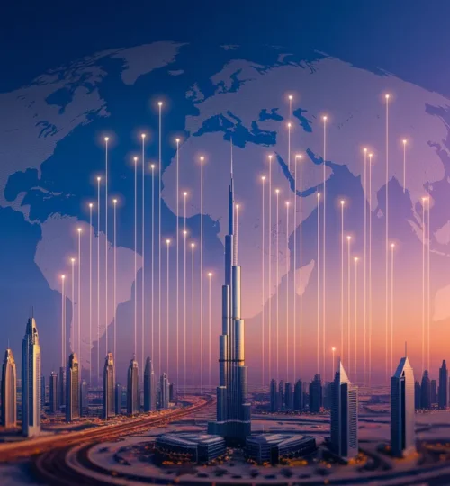 Dubai property market skyline linked to the global economy, showing investment connections.