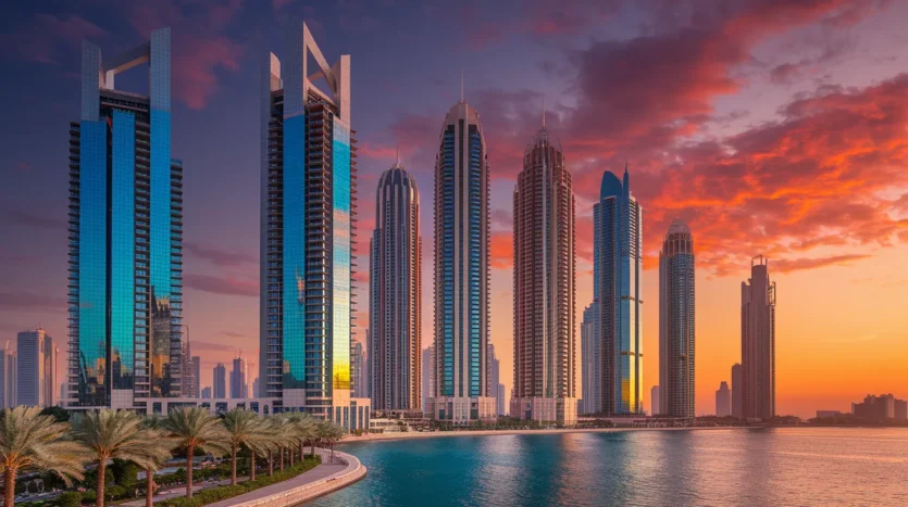 Dubai skyline at sunset with luxury residential towers, representing property investment opportunities