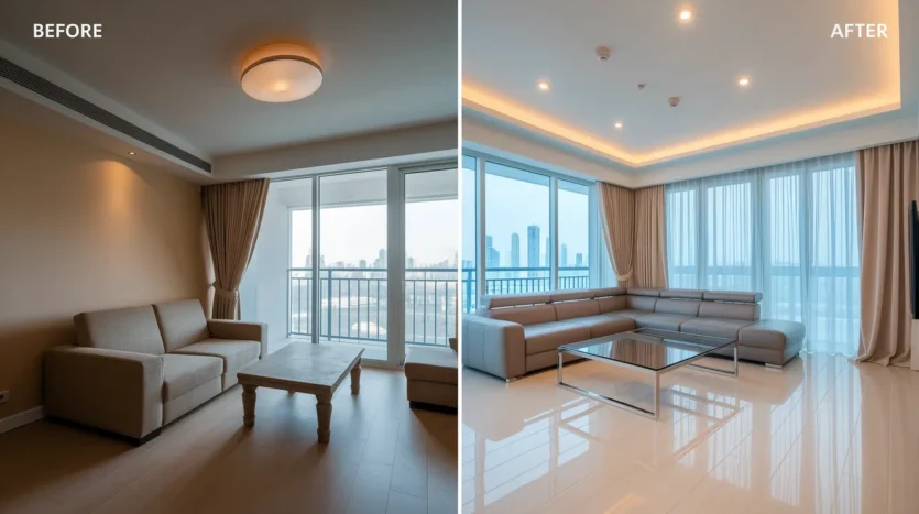 Before and after renovation of a Dubai apartment, illustrating increased property value