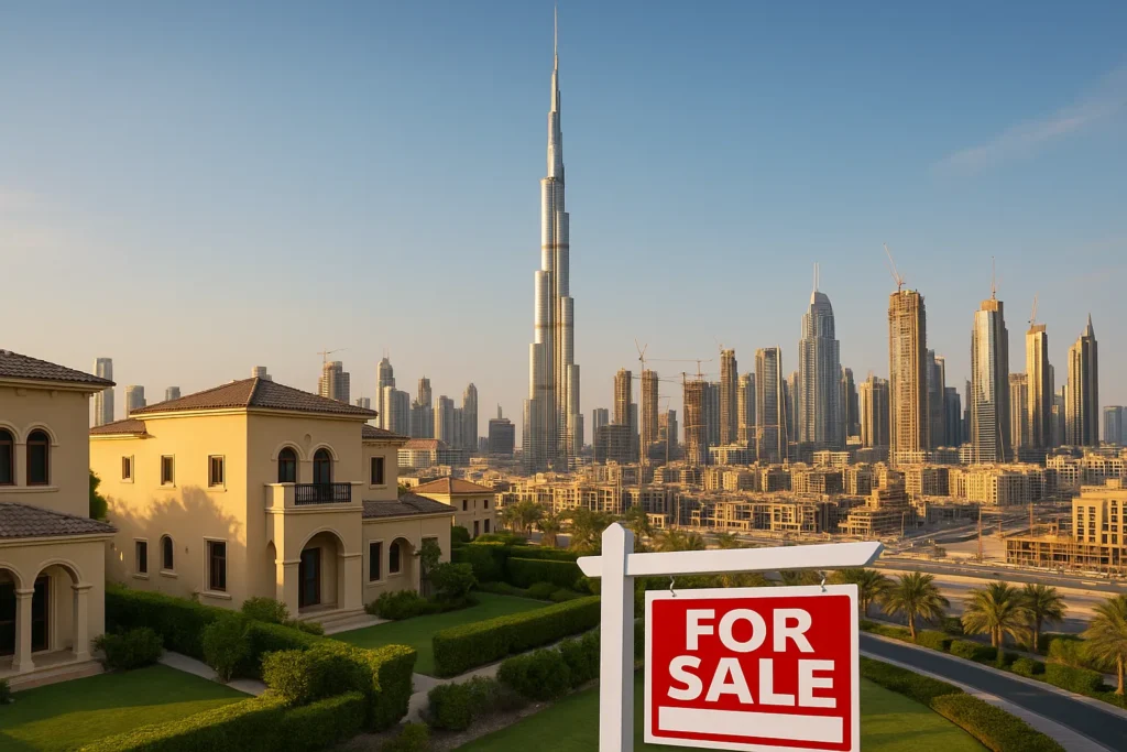 Panoramic view of Dubai with Burj Khalifa, luxury villas, and real estate developments, highlighting Dubai as a top destination for property flipping