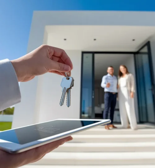 Happy tenant receiving keys to a quality Dubai property from West Gate Dubai manager.