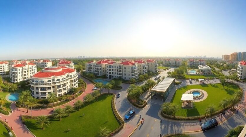 Panoramic view of Dubai Motor City with modern architecture.