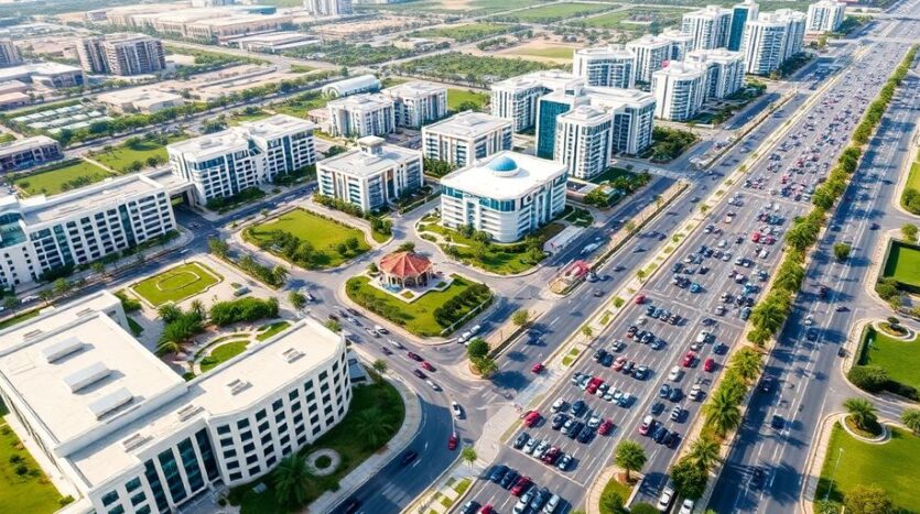 Aerial view of Dubai Motor City with modern architecture.