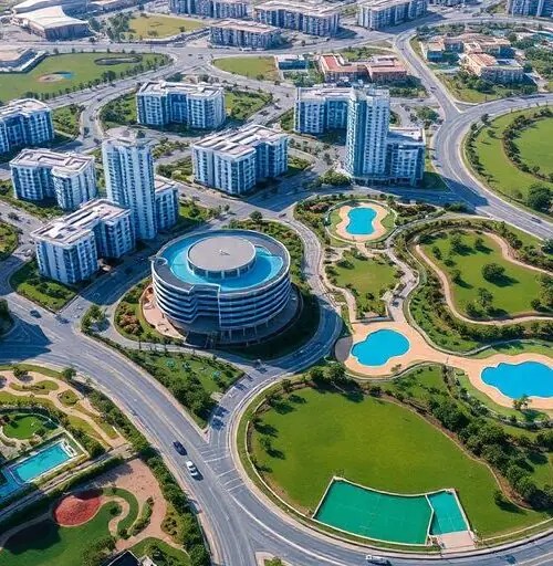 现代迪拜汽车城社区的鸟瞰图。