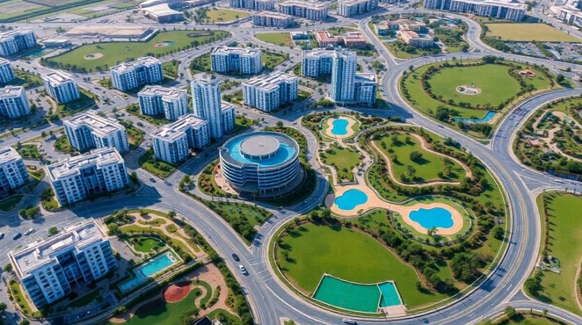 Aerial view of modern Dubai Motor City community.