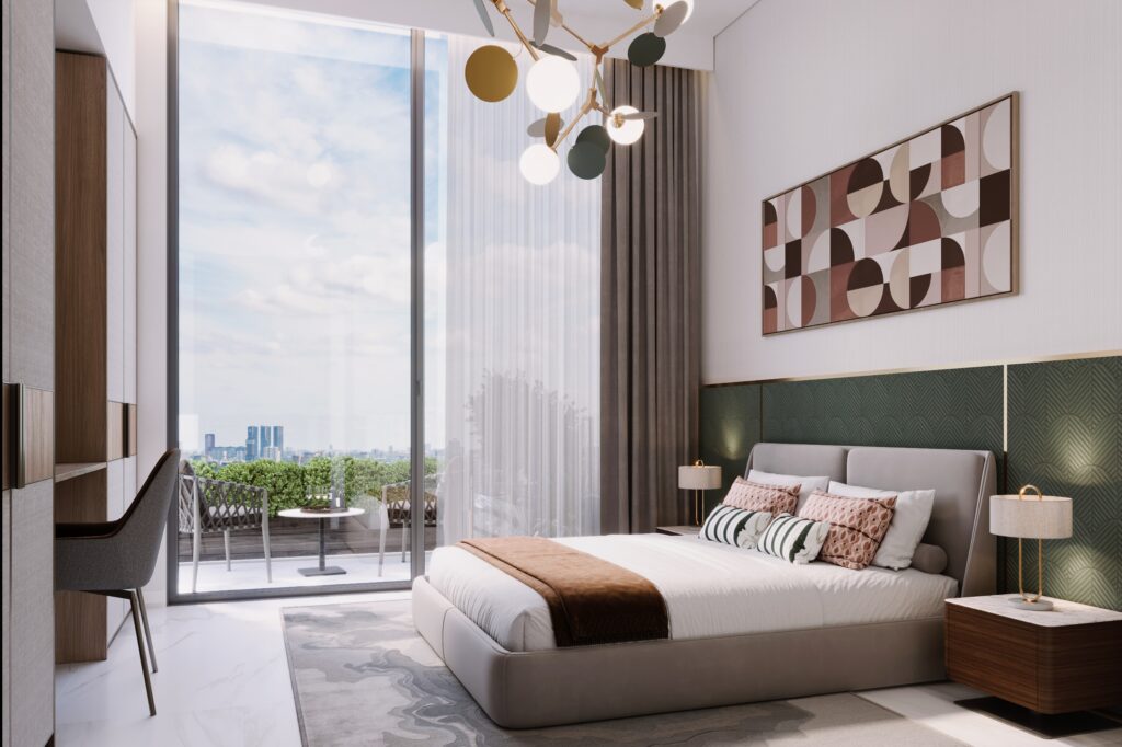 Spacious master bedroom with city views in Azizi Milan Apartments