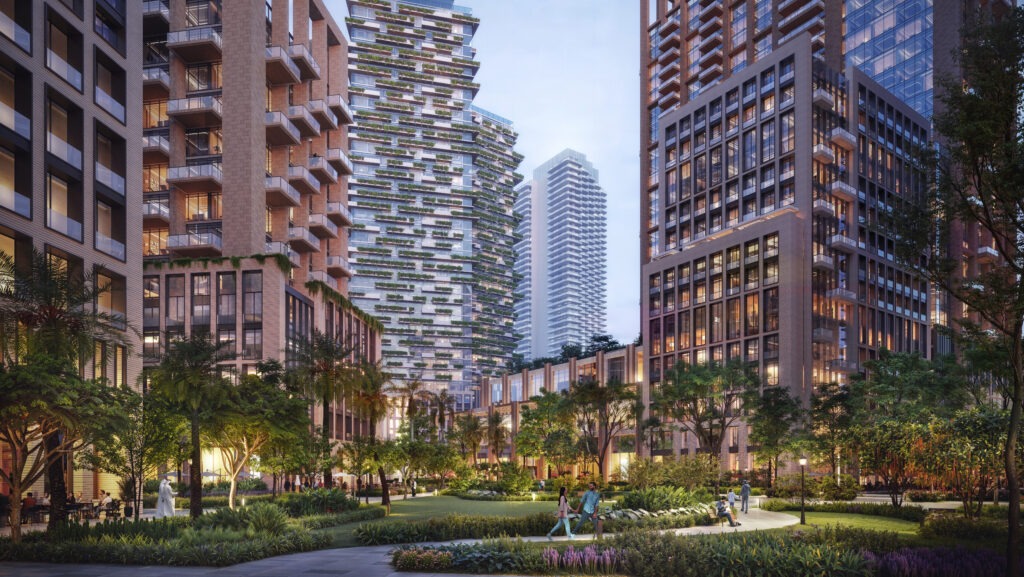 Greenspaces along with modern architecture in azizi milan off plan project in dubailand, dubai