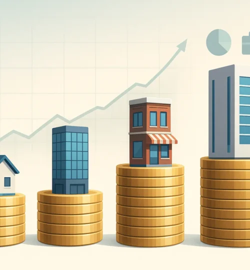 Infographic illustrating Dubai real estate crowdfunding with stacked coins and miniature buildings, representing fractional ownership and diversified investment.