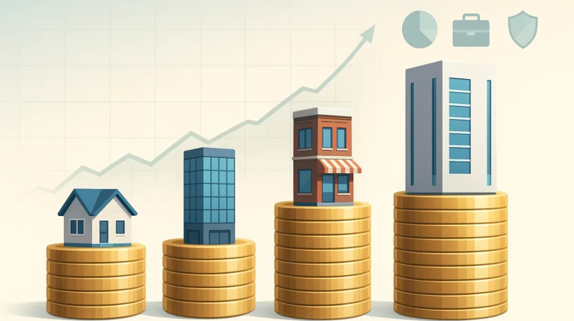 Infographic illustrating Dubai real estate crowdfunding with stacked coins and miniature buildings, representing fractional ownership and diversified investment.