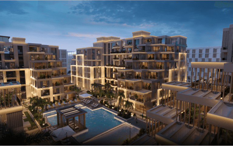 Arisha Terraces residential project in Dubai Studio City by Qube Development – smart apartments with modern amenities