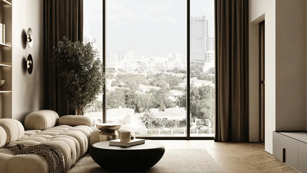 Spacious Livingroom with high celling in Arisha Terraces residential project in Dubai Studio City by Qube Development – smart apartments with modern amenities