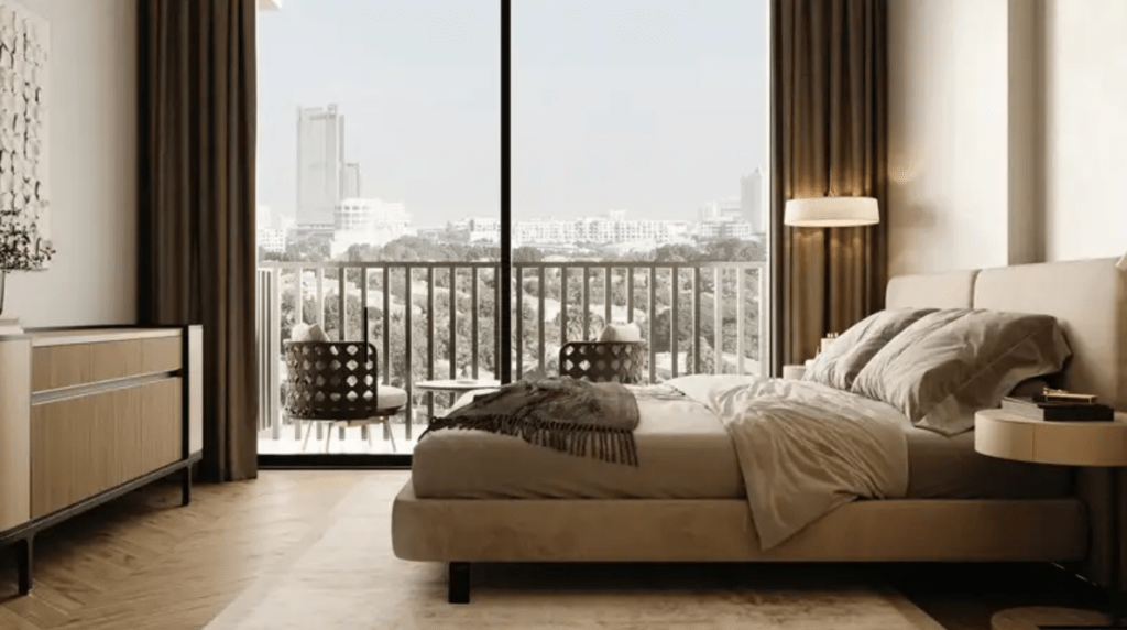 Modern bedroom with high celling in Arisha Terraces residential project in Dubai Studio City by Qube Development – smart apartments with modern amenities