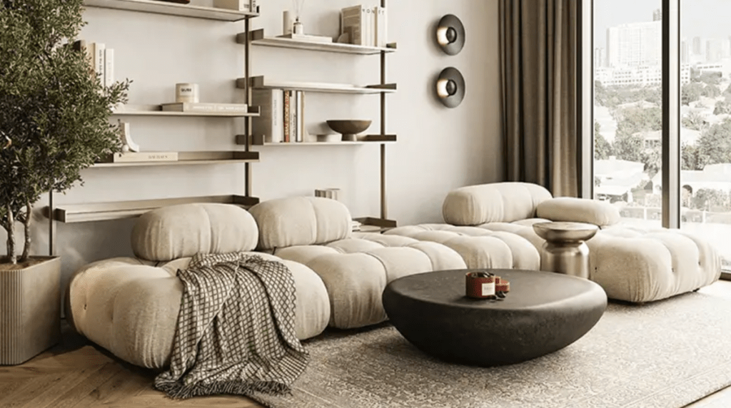 Modern Living Area in Arisha Terraces residential project in Dubai Studio City by Qube Development – smart apartments with modern amenities