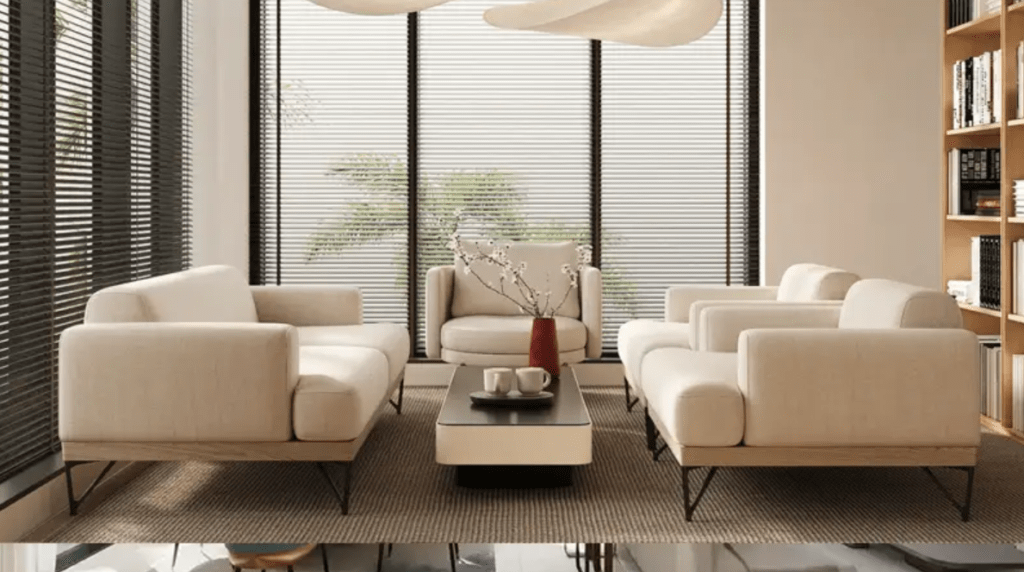 Modern Luxury Living room in Arisha Terraces residential project in Dubai Studio City by Qube Development – smart apartments with modern amenities