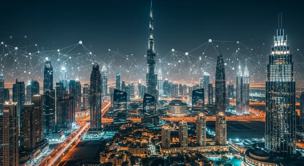 Dubai skyline with overlaid digital network lines, representing growth and connectivity in the UAE real estate crowdfunding market.