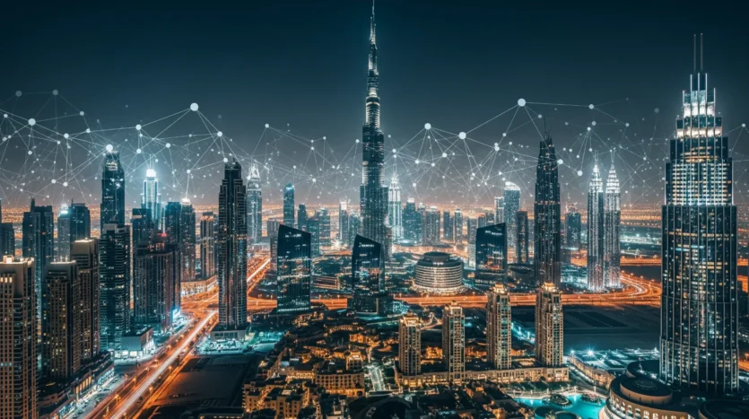 Dubai skyline with overlaid digital network lines, representing growth and connectivity in the UAE real estate crowdfunding market.