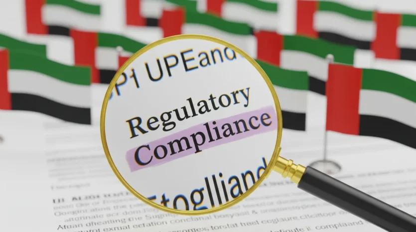 Legal document with a magnifying glass on regulatory text and UAE flags, symbolizing real estate crowdfunding regulations.