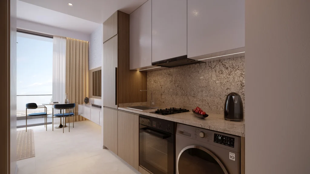 Fully equipped kitchen with island and integrated appliances in Azizi Milan