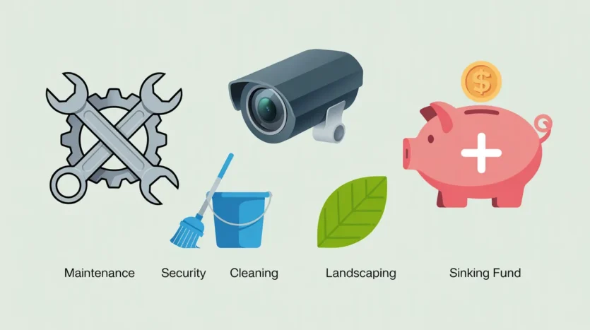 Visual breakdown of what Dubai property service charges cover, including maintenance, security, and cleaning.