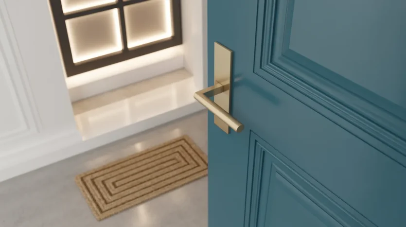 Stylish apartment entryway with modern door and lighting enhancing kerb appeal for Dubai rentals