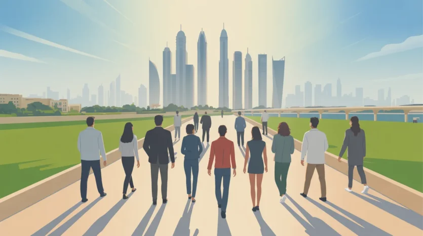 Diverse group representing Dubai's rapid population growth and influx of new residents.