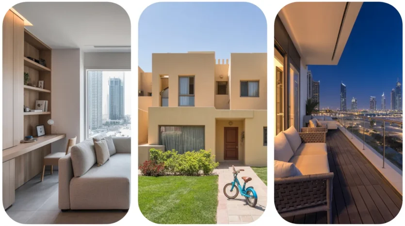 Examples of diverse Dubai housing: modern apartments, family villas, and luxury penthouses meeting varied demographic needs.