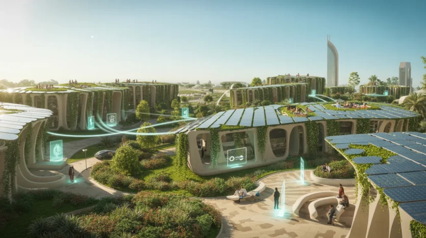 Futuristic sustainable community in Dubai illustrating trends like eco-friendly and smart homes.