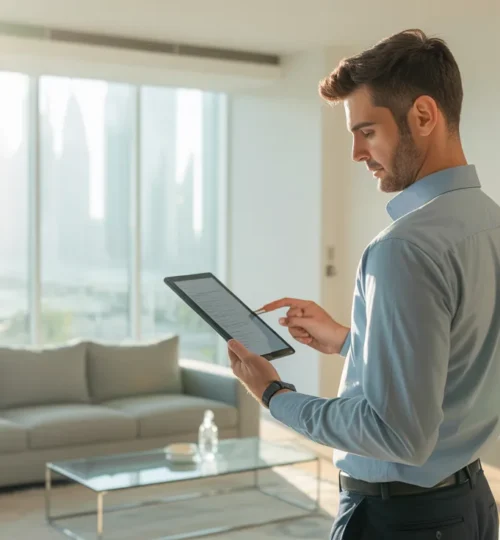 Professional move-in inspection being conducted in a modern Dubai apartment by a property manager with a checklist.