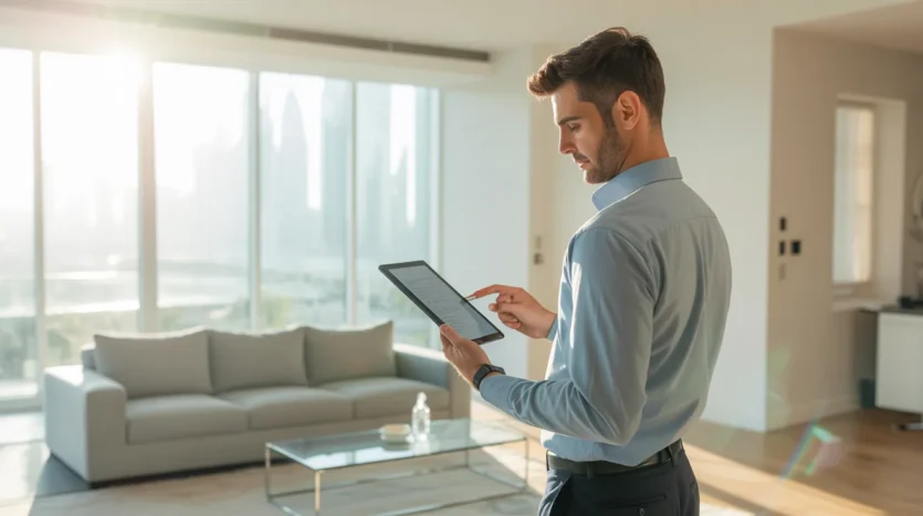 Professional move-in inspection being conducted in a modern Dubai apartment by a property manager with a checklist.