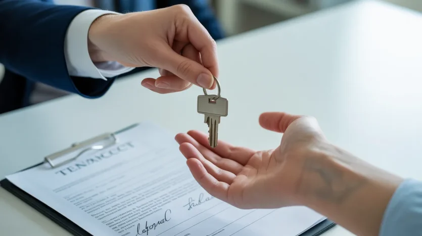Tenant receiving keys after signing Ejari contract and completing move-in inspection report in Dubai.