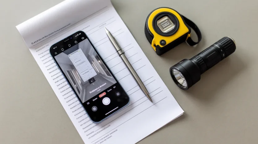 Essential tools for conducting thorough move-in and move-out property inspections: checklist, camera, flashlight.