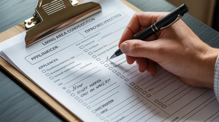 Filling out a detailed move-in inspection checklist for a Dubai rental property, noting condition.